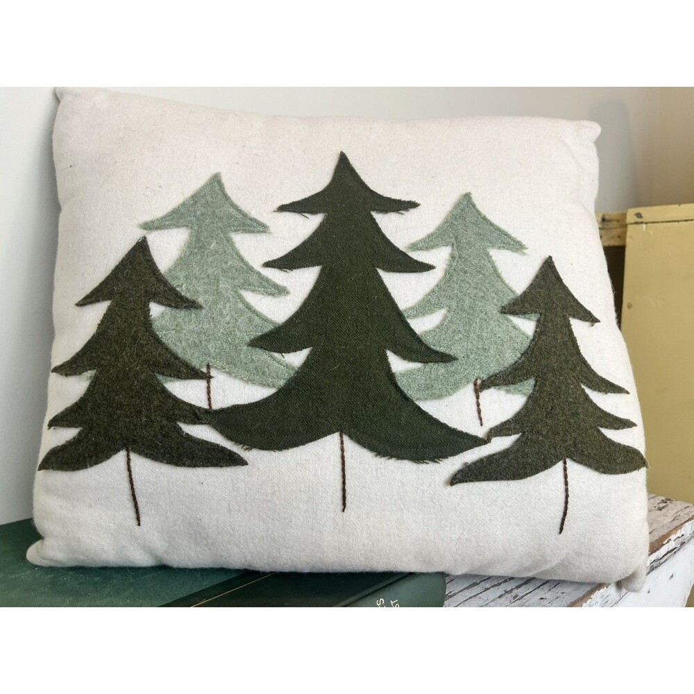 Vintage 1990’s Farmhouse Hand Sewn Wool Christmas Pillow Forest Trees 16” - Picture 6 of 8
